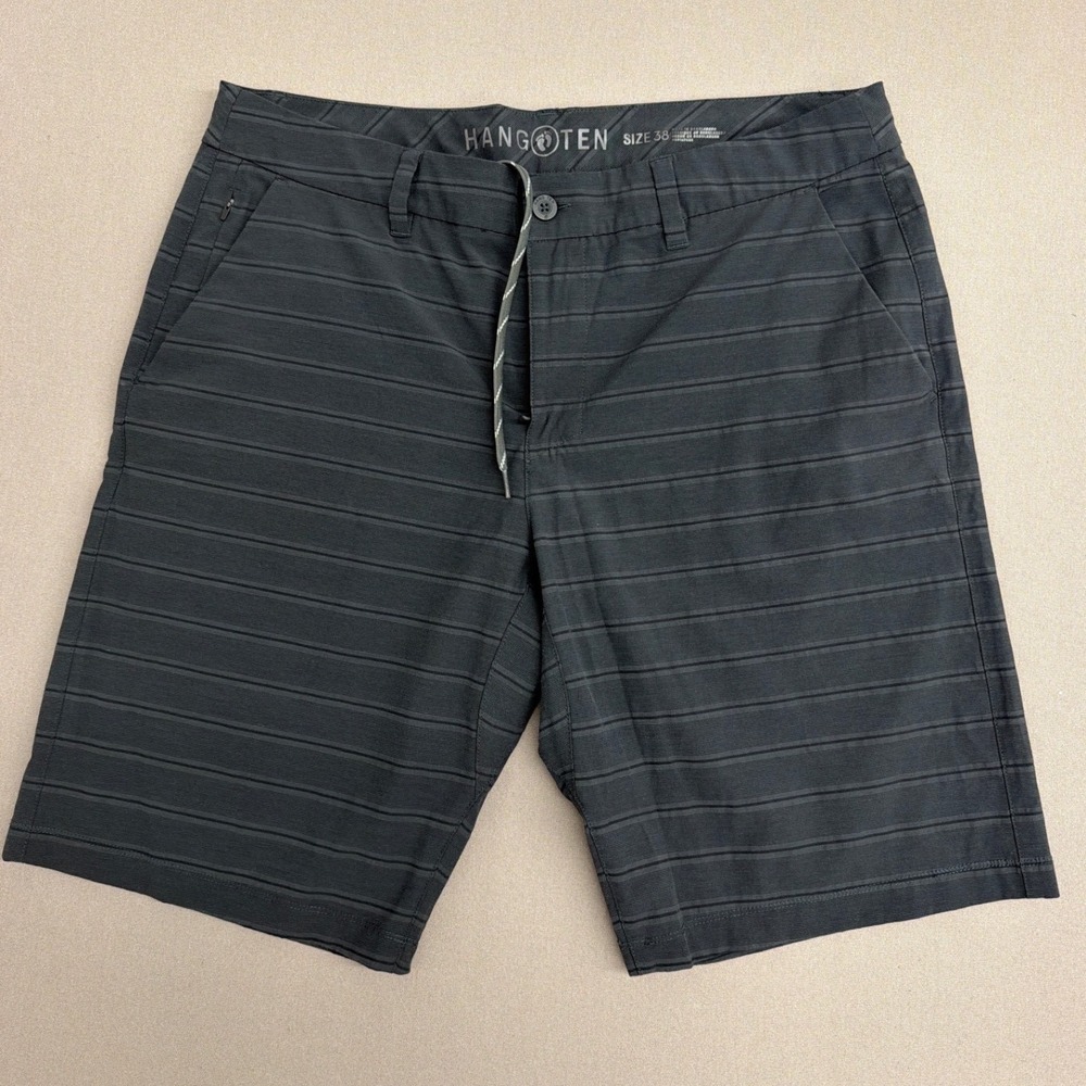 Hang Ten Mens Hybrid Board Shorts Size 38 Charcoal Grey Striped Casual Swim